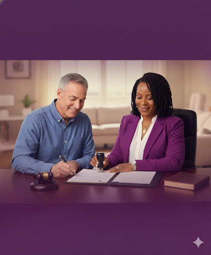 Mobile notary assisting client with documents